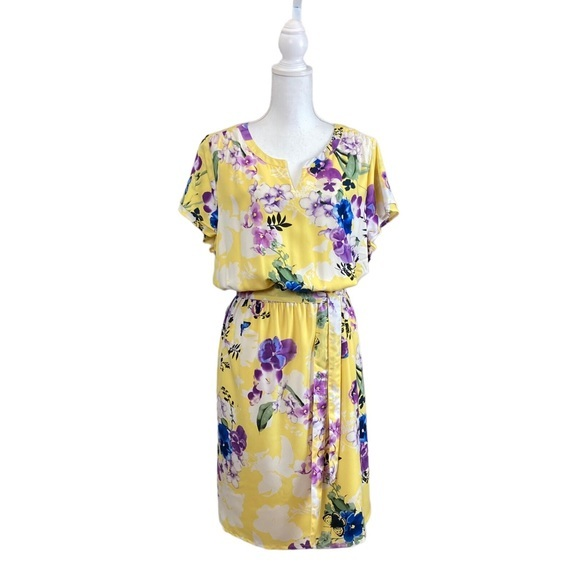 New! CJ Banks Yellow Floral‎ Tie Belt MIDI  Short Sleeve Dress - Picture 1 of 7